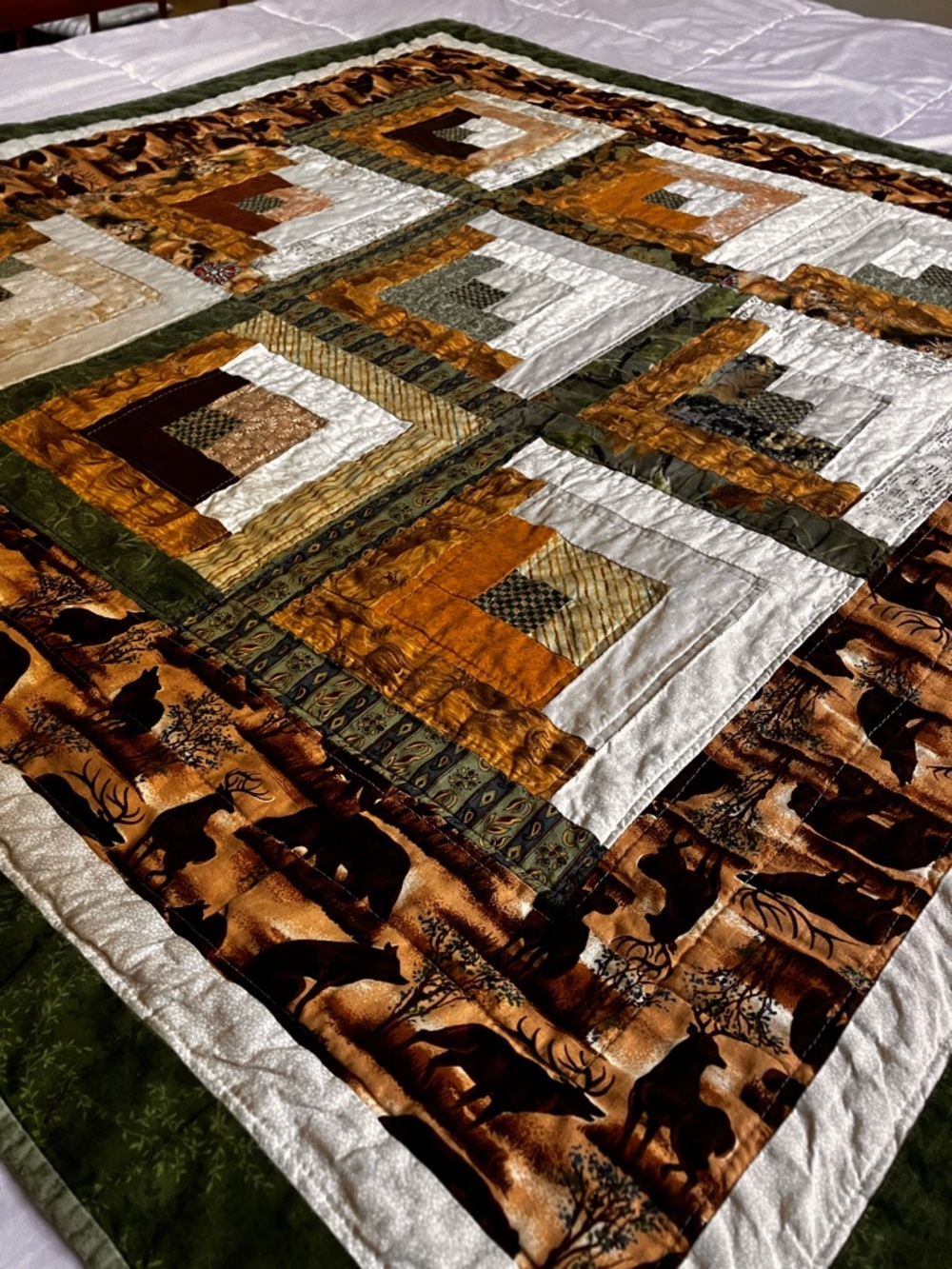 Handmade Rustic Patchwork Log Cabin Quilt Throw 45”x44”- Brown, Cream & Green